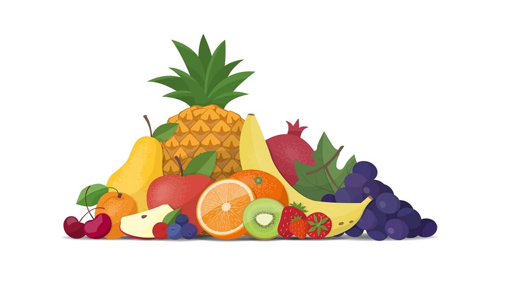 Fresh fruit composition on a white background, healthy eating concept