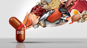 pill exploding with healthy foods that contain vitamin B12