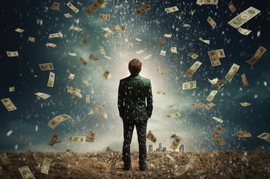 Man standing in room with money raining down