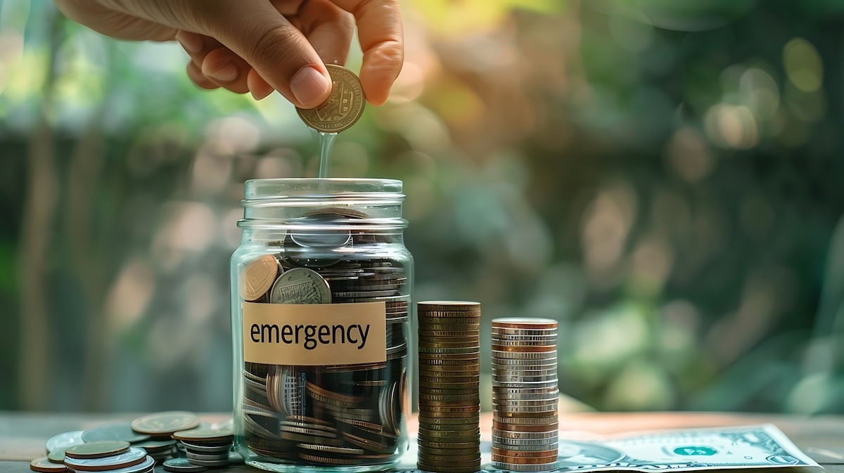 Emergency funds & Money savings: A lot of coins in glass money, piggy bank for saving emergency money, Coins & currency. Money saving, emergency fund cash concepts. Generative AI