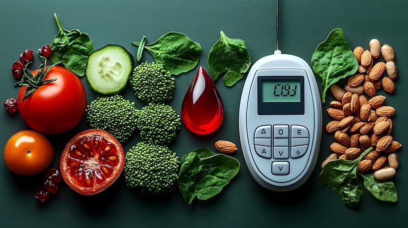 healthy foods with blood sugar monitor nearby
