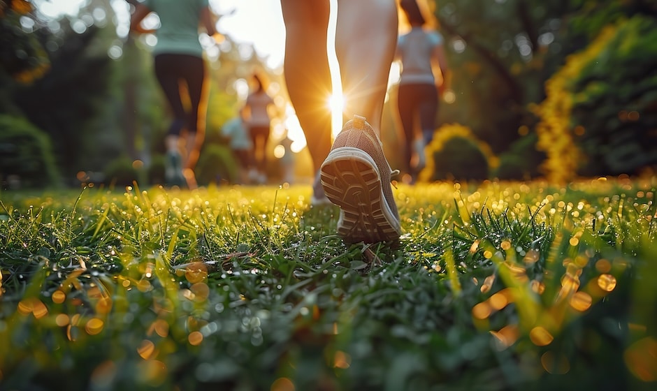 A background with a positive, outdoorsy vibe, featuring unrecognizable people exercising and enjoying a healthy lifestyle, with a blurred bokeh effect.