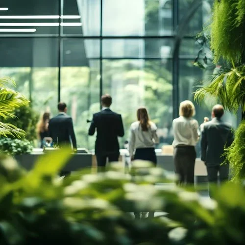Office space with lush green plants. Sustainable and nature friendly corporate environment. Workspace for business productivity and employee wellbeing.